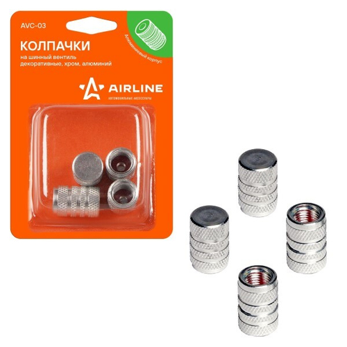 Колпачки на шинный вентиль, декоративные, хром (4 шт в уп.) (AIRLINE)