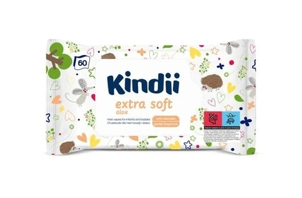 Салфетки Kindii Extra Soft влажные для младенцев и детей с чувствительной кожей с экстрактом алоэ и аллантоином, 60 шт