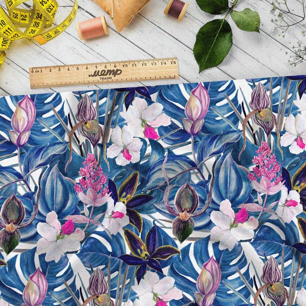 Ткань мембрана синие листья белый цветок