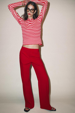 ZARA БРЮКИ ПРЯМОГО КРОЯ С ВЫСОКОЙ ПОСАДКОЙ, КРАСНЫЙ