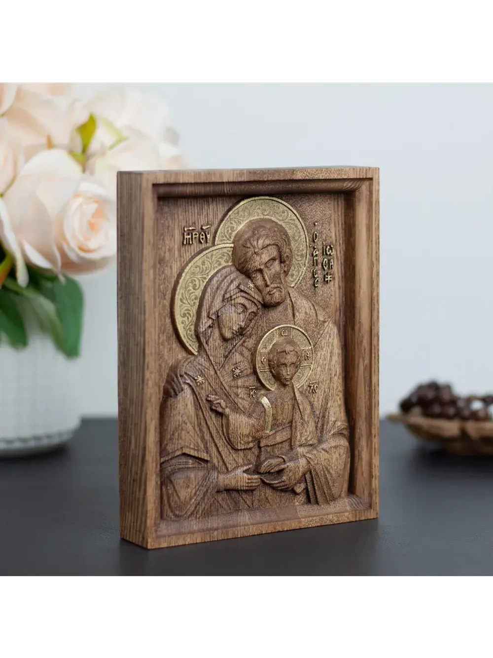 Святое семейство икона деревянная резная, ясень (1)
