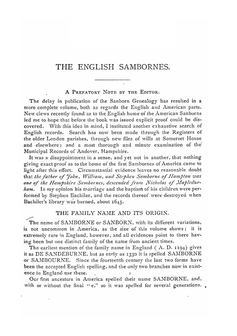 Genealogy of the family of Samborne or Sanborn in England and America 1194-1898. Volume 1 | V. Channing Sanborn