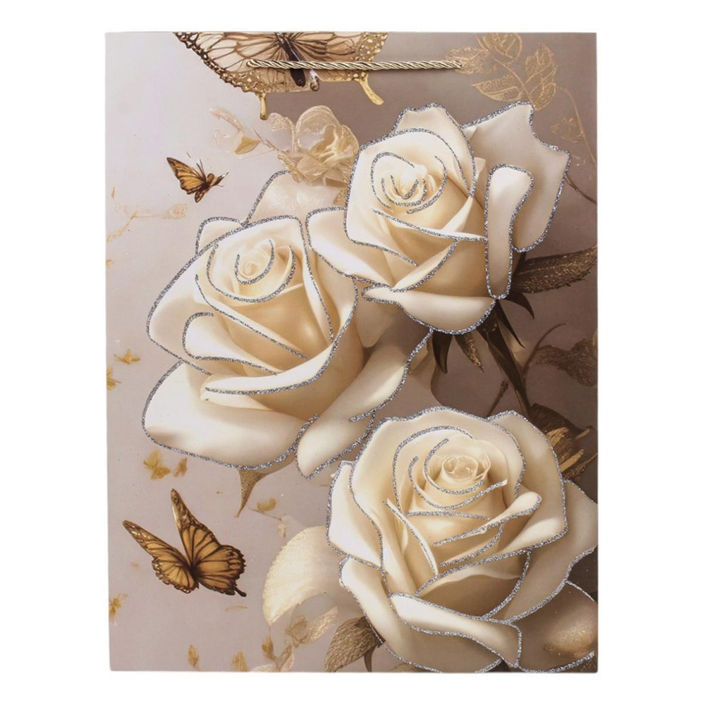 Пакет подарочный "Цветы" 30*39*11см,глитт,3Dэл,ручки-шнурок,4 цв.