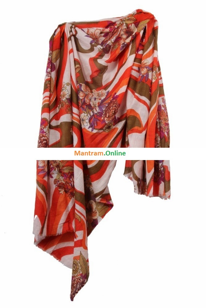 Палантин-парео Хлопок 100% Цветочный букет на волнах, цвет оливковый, оранжевый на белом 110x170 см.