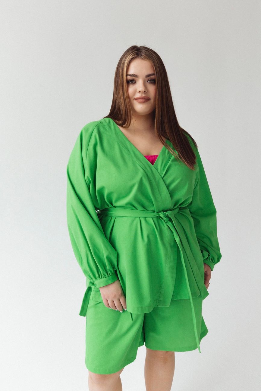 Костюм льняной кимоно и шорты, зеленый