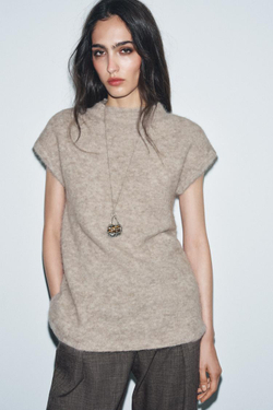 ZARA ТОП ИЗ ВОРСИСТОГО ТРИКОТАЖА С АЛЬПАКОЙ, СЕРО-КОРИЧНЕВЫЙ