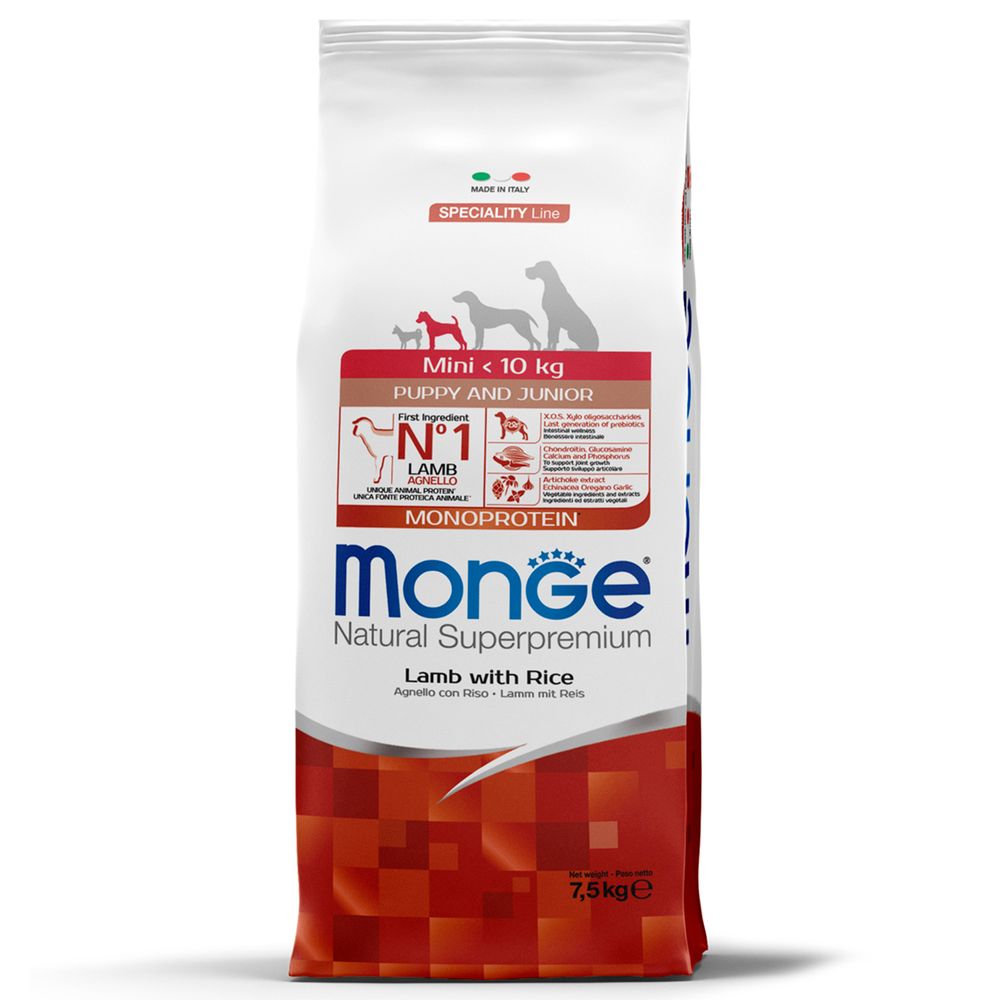 Уценка!Повр.упак/Сухой корм Monge Dog Speciality Line Monoprotein для щенков мелких пород, из ягненка с рисом