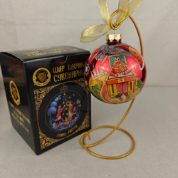 Шар новогодний (круговая роспись Палех) Маленький принц -3 на красном фоне в коробке