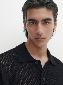 Massimo Dutti Свитер поло из фактурной ткани с короткими рукавами, темно-синий