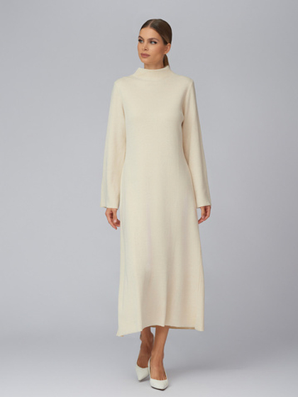 Женское платье миди трапеция бежевое под горло