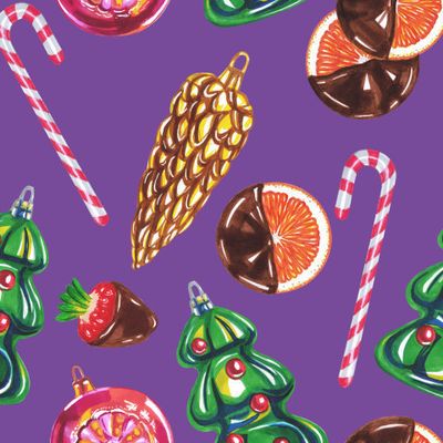 Новогодние ёлочные игрушки, карамель, фрукты, шоколад