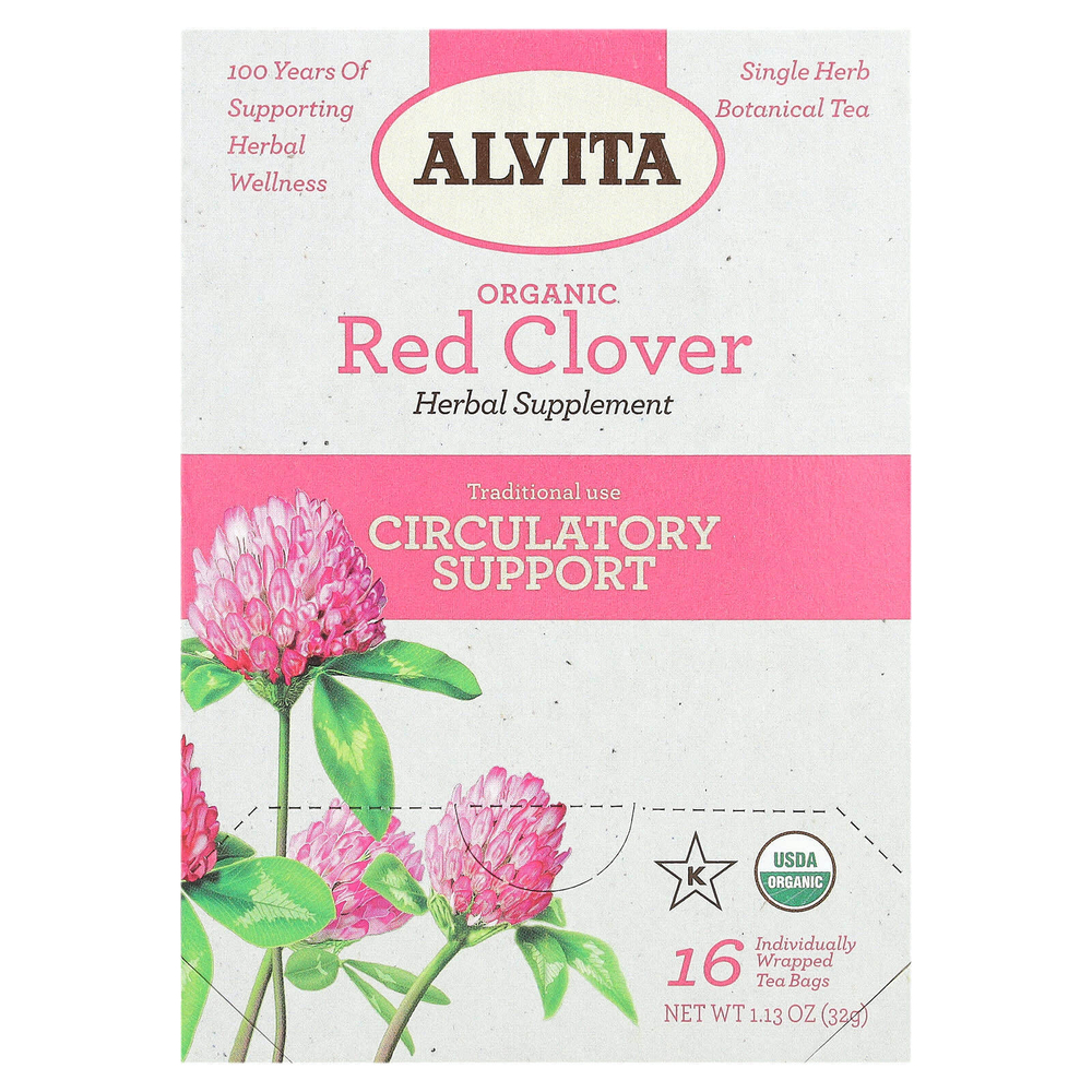 Alvita Teas, органический растительный чай, красный клевер, без кофеина, 16 индивидуально упакованных чайных пакетиков, 32 г (1,13 унции)
