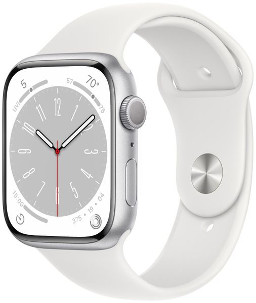 Умные часы Apple Watch Series 8 45 мм из алюминия серебристого цвета, белый спортивный ремешок (M/L 150–200mm)