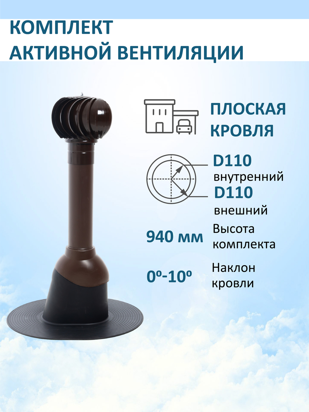 Комплект активной вентиляции: Вентиляционный выход D110 не утепленный высота H=500 мм, проходной элемент для плоской кровли ТП-187, турбодефлектор Ø 110 мм, серый