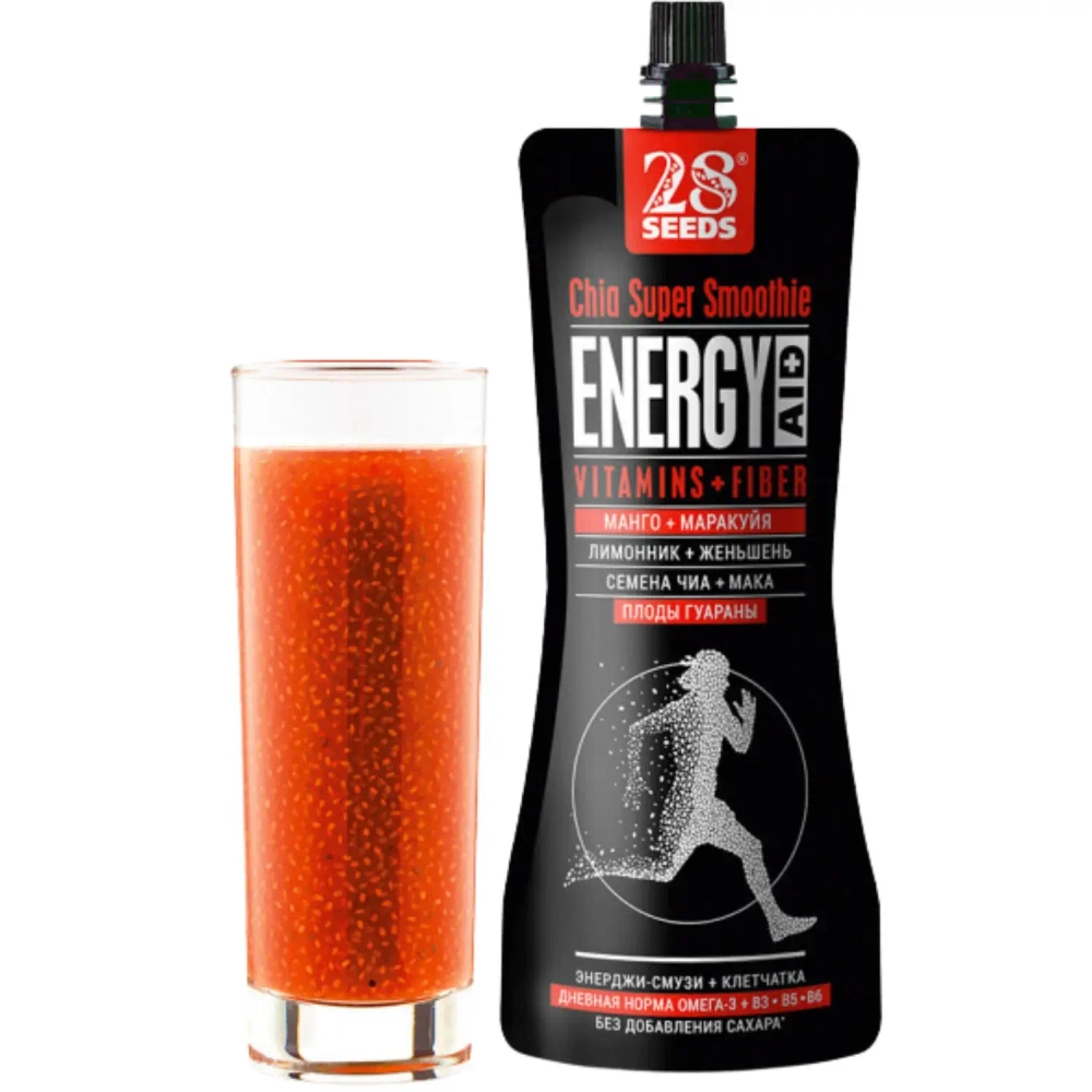 Супер-смузи ЧИА ЭНЕРДЖИ «Манго + Маракуйя» 250 г — густое энергетическое смузи с семенами чиа и тропическим вкусом в стакане