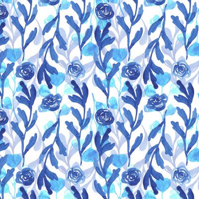 Синий узор из ботанических элементов на белом фоне