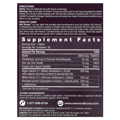 New Nordic, Hair Volume, средство для роста и объема волос, с растительными ингредиентами, 30 таблеток