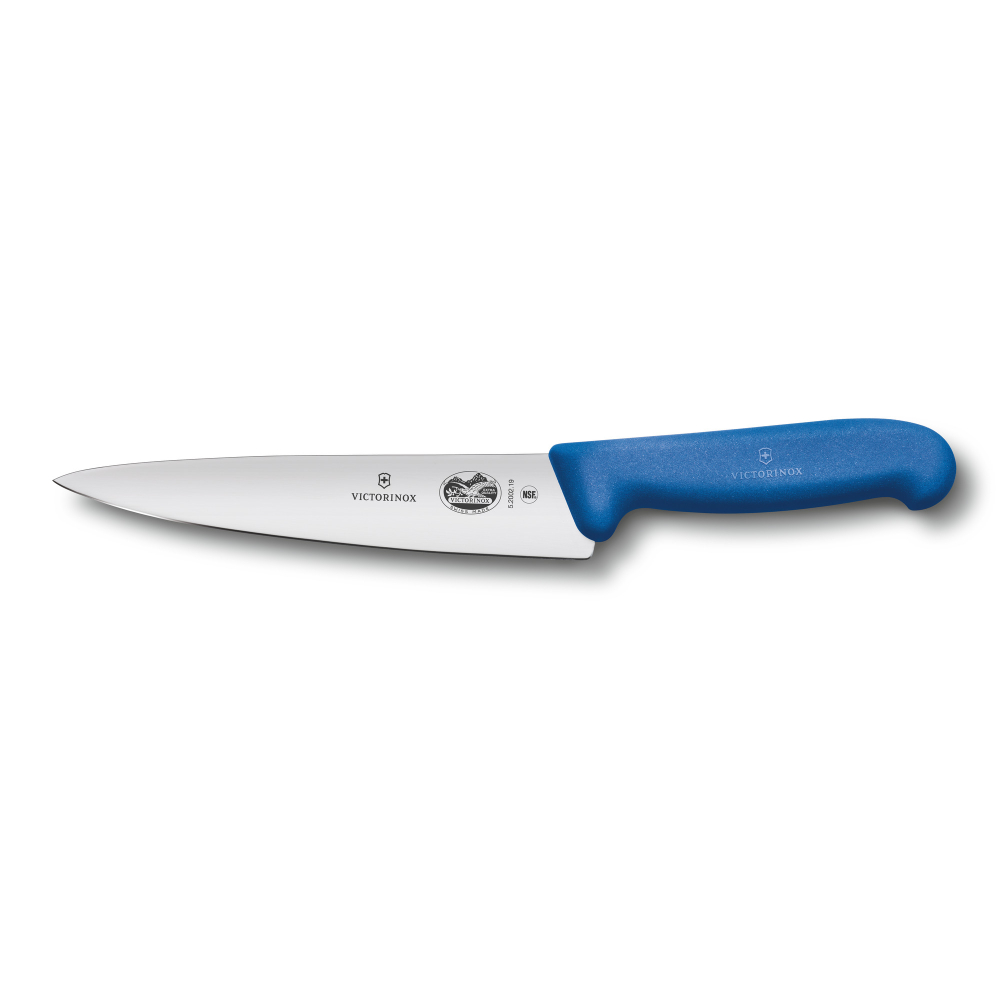 Фото нож разделочный VICTORINOX Fibrox с лезвием из нержавеющей стали 19 см и рукоятью из пластика синего цвета с гарантией