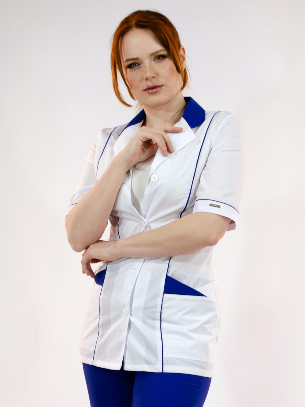 Костюм  БлокПОСТ "Анна" (блуза+брюки), (цвет белый/василек, ткань Тиси)