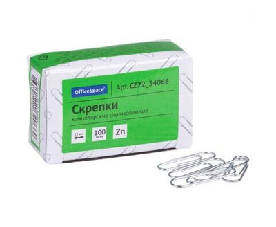 10 шт. Скрепки 22мм, OfficeSpace, 100шт., карт. упаковка