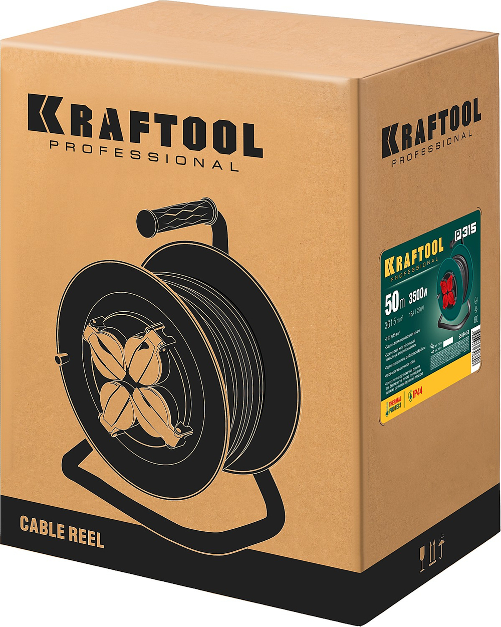 KRAFTOOL P-315, ПВС, 3 x 1.5 мм2, 50 м, 3500 Вт, IP44, силовой удлинитель на катушке (55084-50)