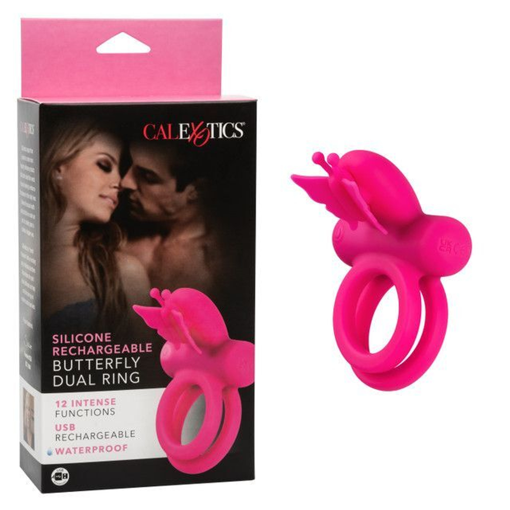Розовое эрекционное виброкольцо Silicone Rechargeable Dual Butterfly Ring (Цвет: розовый)