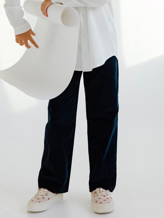 Брюки широкие из микровельвета ТЕМНО-СИНИЙ