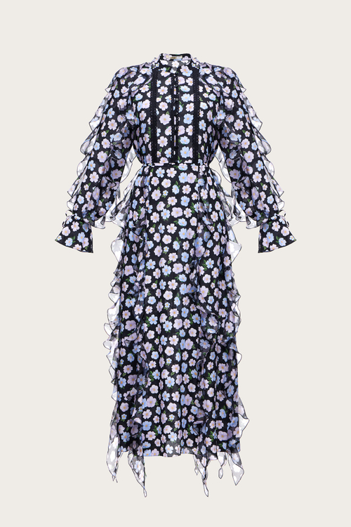 ПЛАТЬЕ-МИДИ ИЗ ЧЕРНОЙ ШЕЛКОВОЙ ОРГАНЗЫ С АВТОРСКИМ ПРИНТОМ