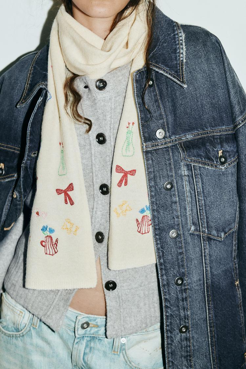 ZARA ШАРФ С ВЫШИВКОЙ, ЭКРЮ