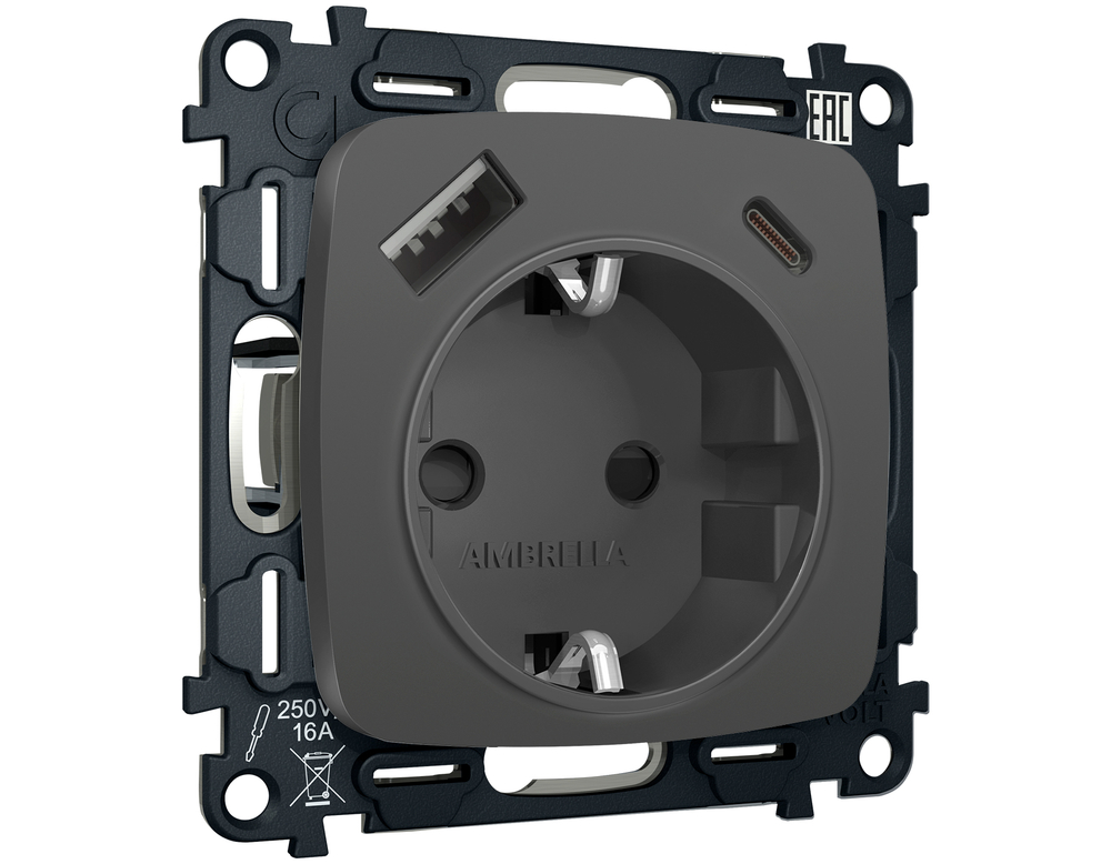 MO910010 Комплект механизма электрической розетки OMEGA Графит мягкое касание 2USB A+C 20W (быстрая зарядка) с/з QUANT (OP9100, VM160)