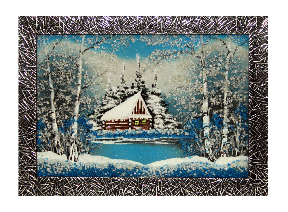 Картина№3 " Зимний пейзаж" 34.5-24.5 см рисованная камнем.