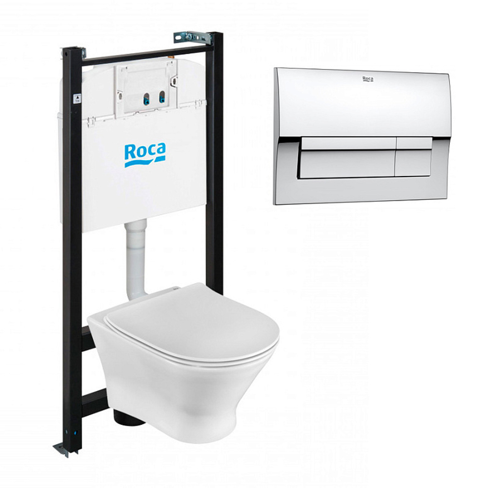 ПЭК Roca FARO: Инсталляция с подвесным унитазом, быстросъемное сиденье микролифт + Кнопка смыва Roca Active В01, хром глянец (Z.RU93.0.761.3)