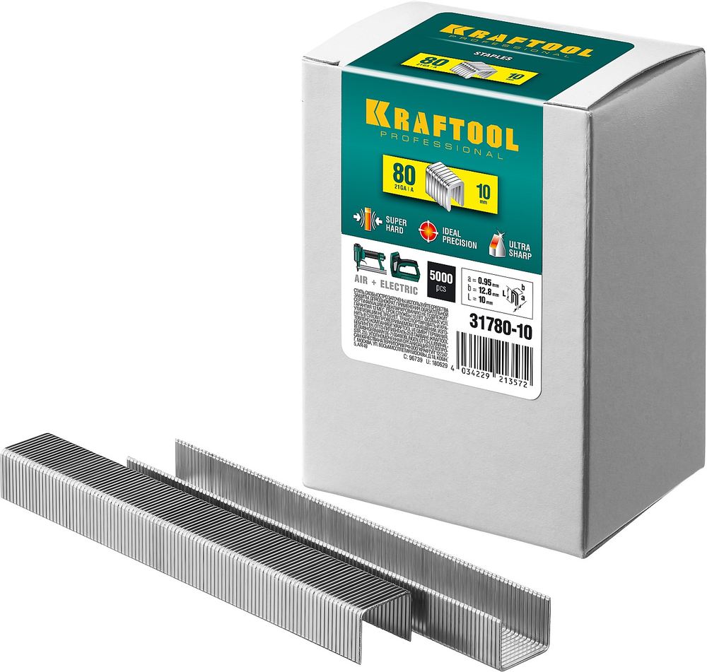 KRAFTOOL скобы тип 80 (BeA/Prebena A/Senco AT), 10 мм, калибр 21GA. 5000 шт (31780-10)