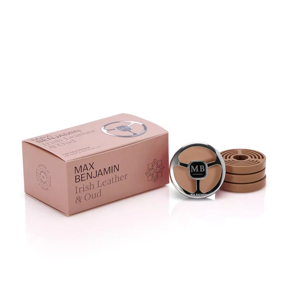 Max Benjamin - Набор автомобильных ароматов Irish Leather &amp; Oud с держателем и 4 сменными картриджами / артикул   RB-CFGB10  / GTIN 5391533718179