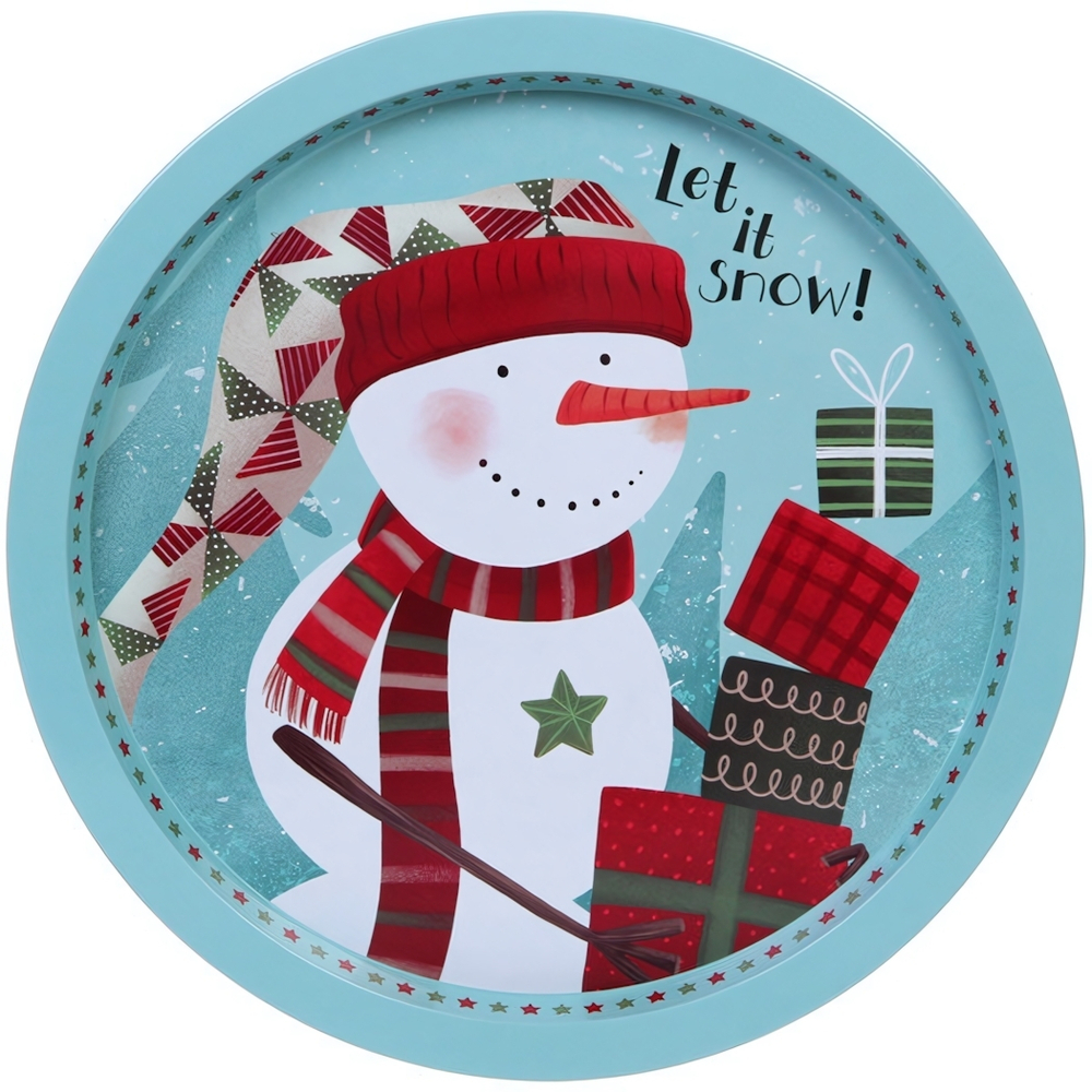 Поднос жестяной 32см «Снеговичок с подарками»