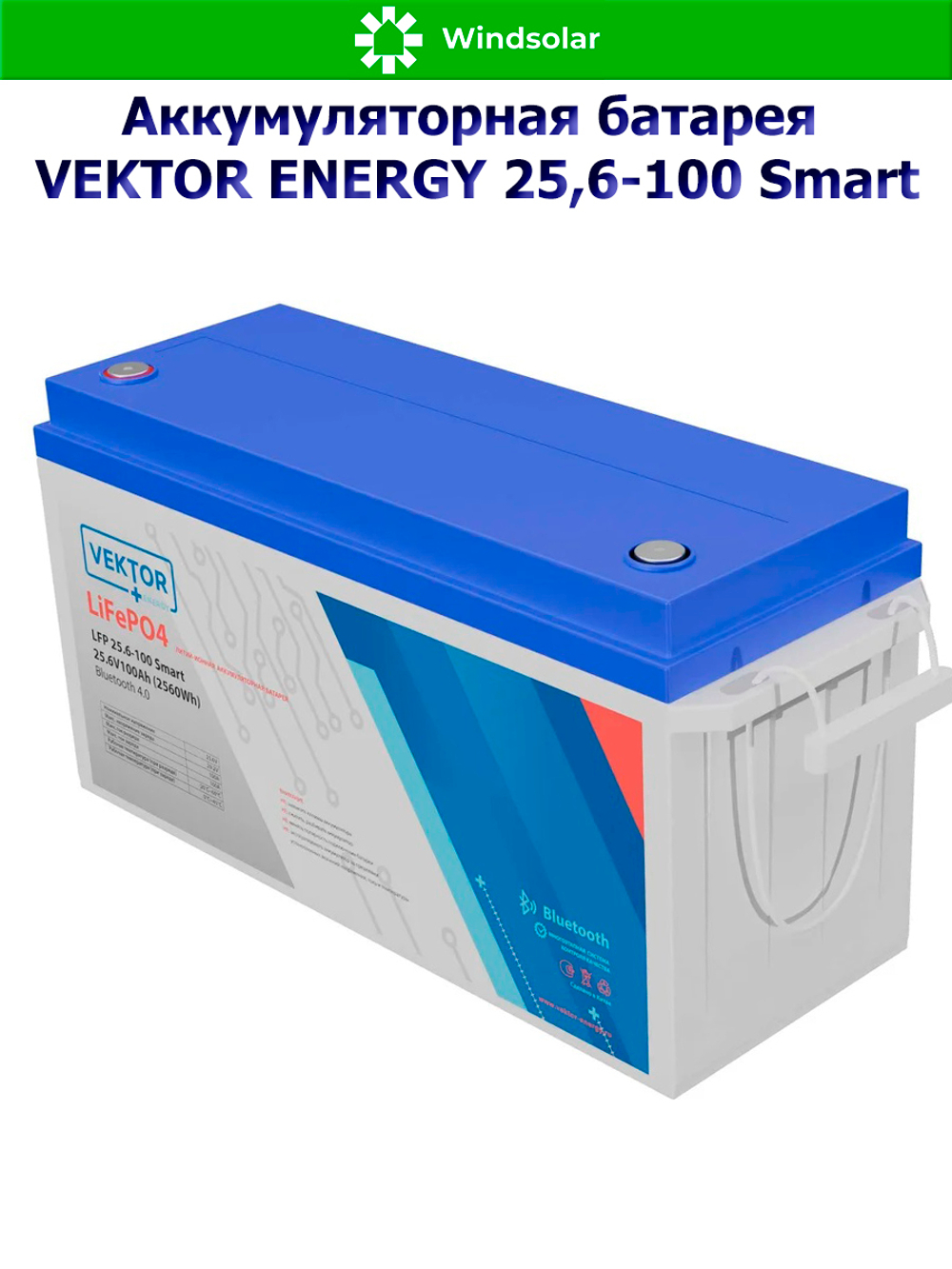Аккумуляторная батарея VEKTOR ENERGY LFP 25,6-100 Smart (100Ah / 25,6V / 2560Wh / BMS / BT 4.0 / LiFePO4)