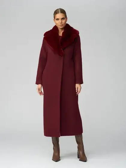 Женское шерстяное пальто с мехом и поясом