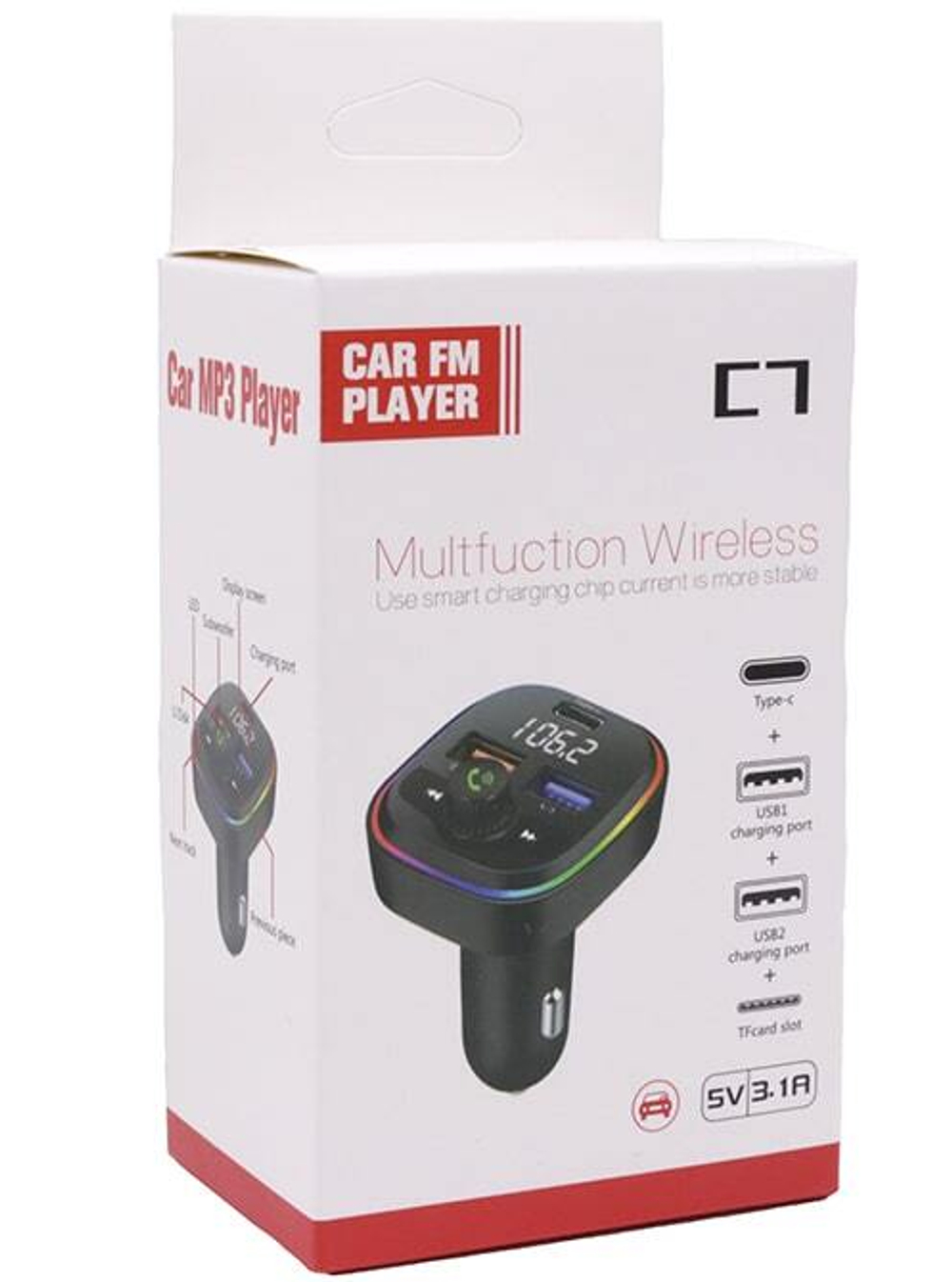 Автомобильный FM-трансмиттер C7 Bluetooth (черный) LED