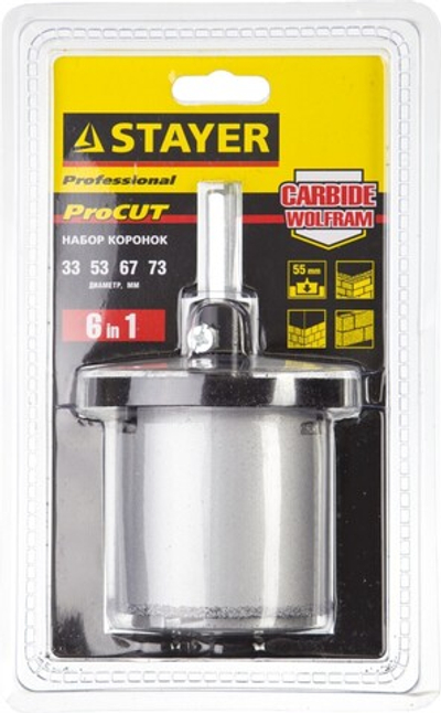 STAYER 6 шт, 33, 53, 67, 73 мм, карбид вольфрама, набор кольцевых коронок, Professional (33345-H6)