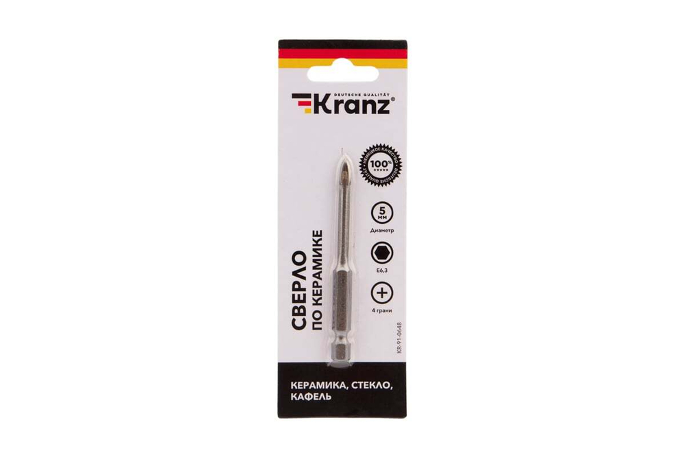 Сверло по стеклу и керамике 5 мм, 4 грани, шестигранный хвостовик KRANZ KR-91-0648