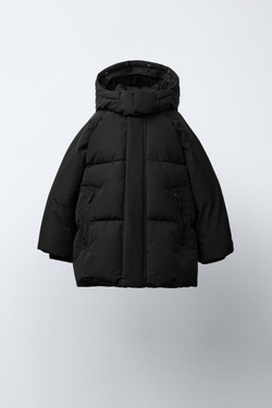 ZARA ДЛИННЫЙ ПУХОВИК ИЗ ПЕРА И ПУХА WATER REPELLENT И WIND RESISTANTT, ЧЕРНЫЙ