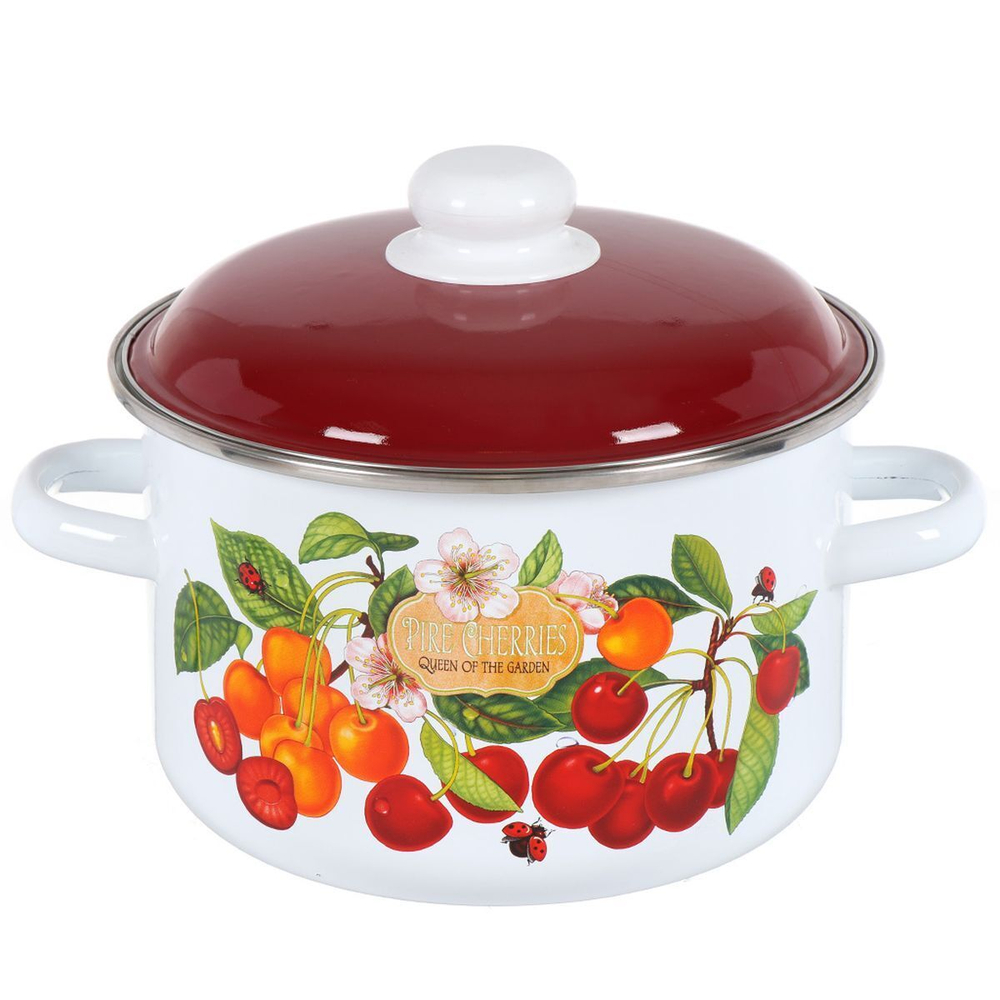 Кастрюля сталь, эмал, 4 л, с крыш, цилиндрическая, СтальЭмаль, Черешня, 6RD201M, белоснежная