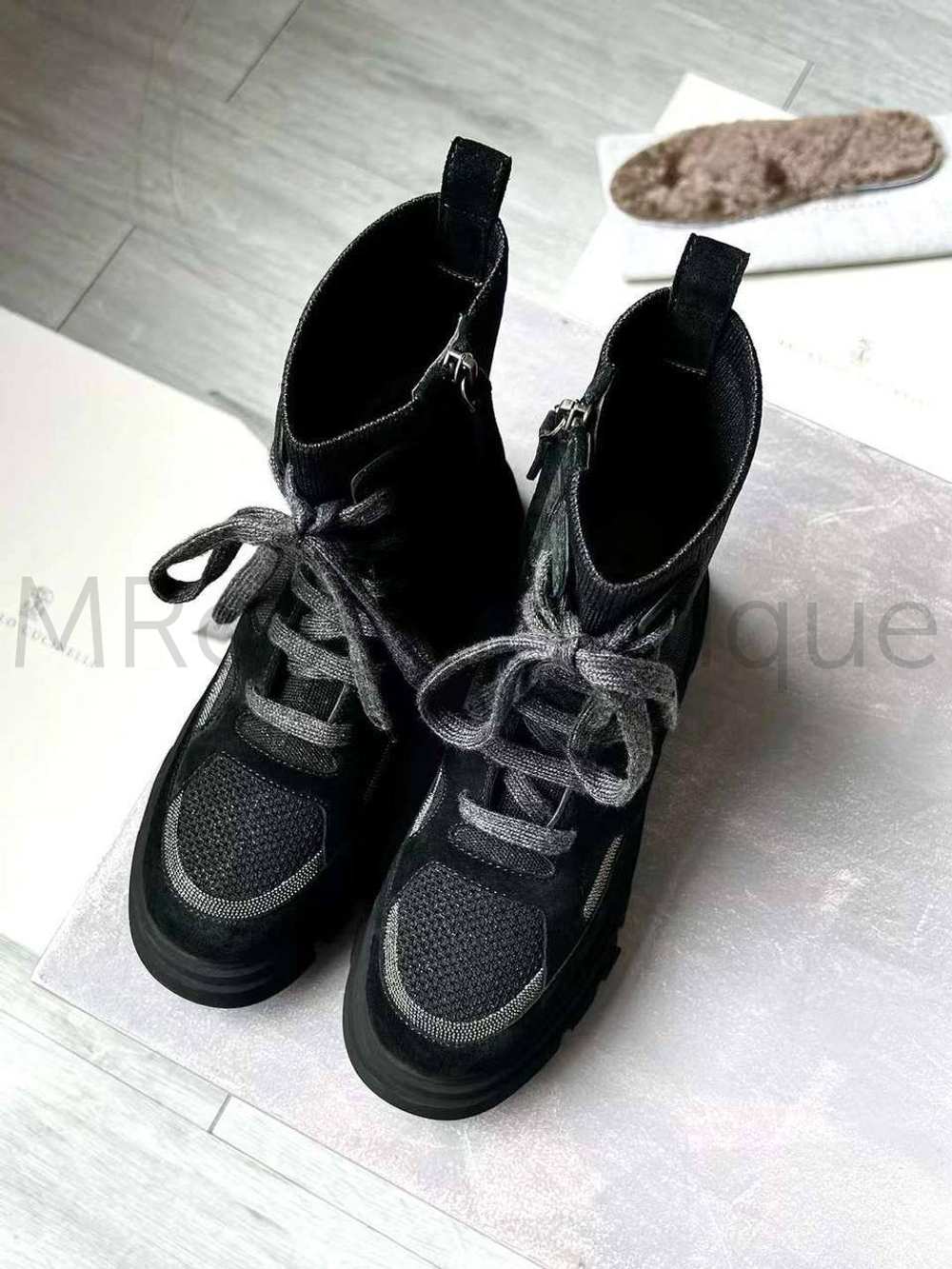 Черные комбинированные ботинки Brunello Cucinelli на толстой подошве
