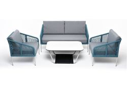 "Канны" лаунж-зона 4-местная из роупа со столом "Гранада" (молочный), каркас алюминиевый светло-серый, роуп бирюзовый