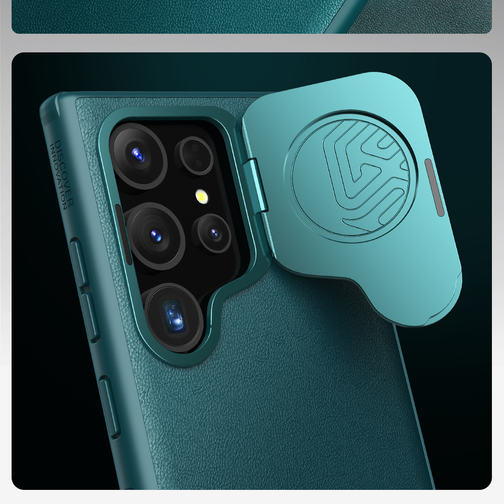 Чехол с вставками из кожи зеленого цвета (Exuberant Green) от Nillkin для Samsung Galaxy S24 Ultra, с откидной металлической крышкой для камеры, серия CamShield Prop Leather Case