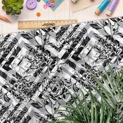 Ткань футер 2-х нитка черно-белые цветы в ромбик