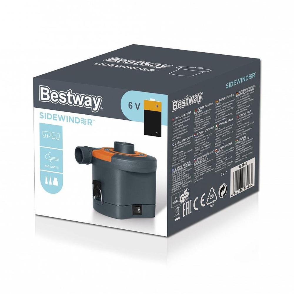 Насос воздушный электрический, 3 насадки, на батарейках, 430 л/м, Bestway, Sidewinder D Cell, 62141