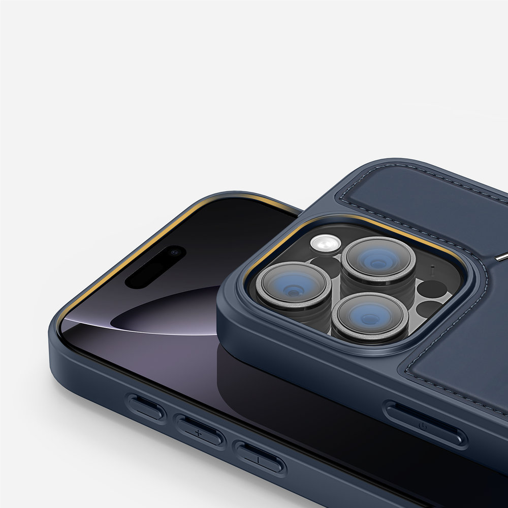 Чехол синего цвета с поддержкой MagSafe и подставкой-картхолдером от Dux Ducis для iPhone 16 Pro, серия Rafi II Mag Series