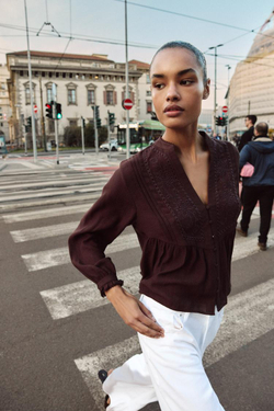 ZARA БЛУЗА С ВЫШИВКОЙ, КОРИЧНЕВЫЙ