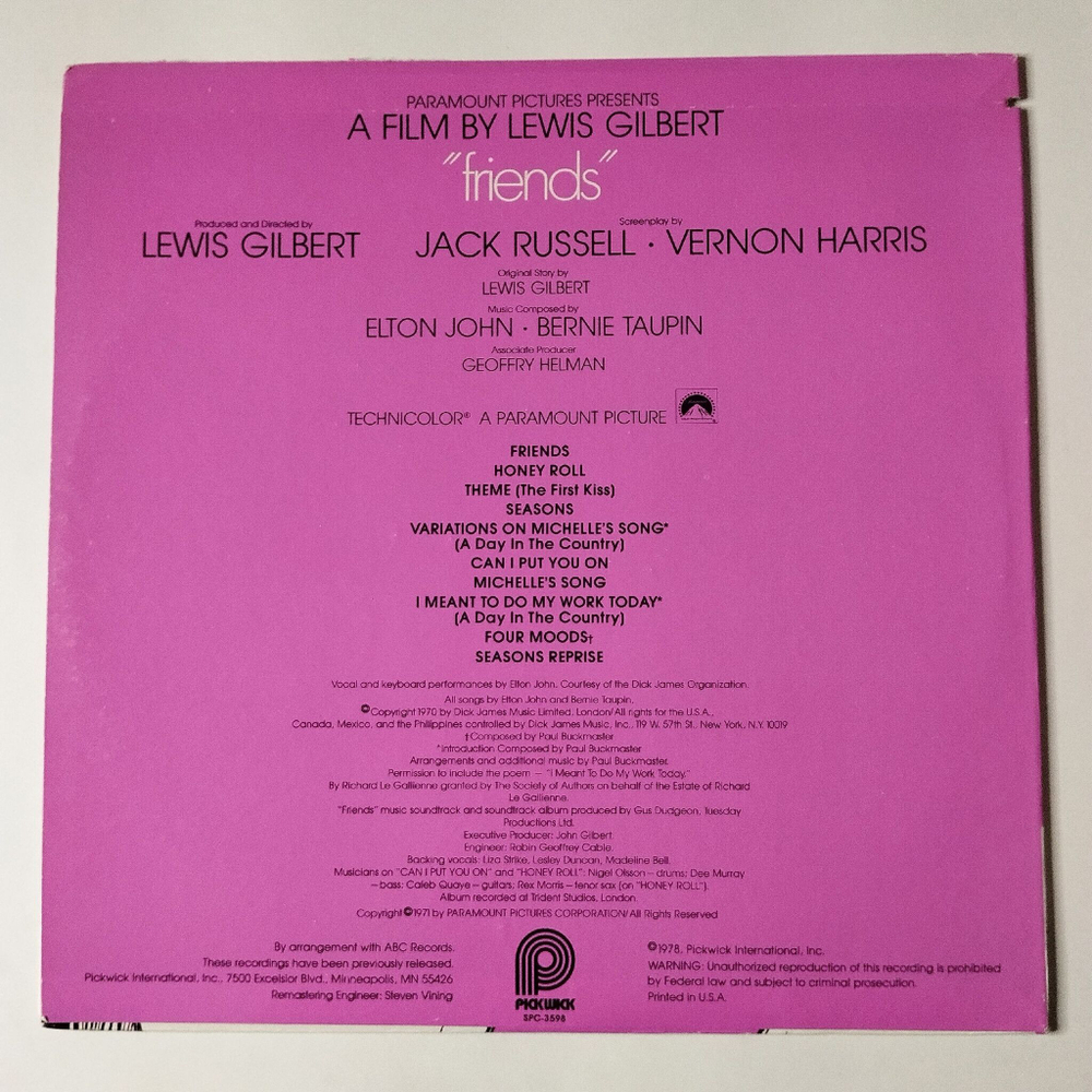 Винтажная виниловая пластинка LP Elton John Friends (Soundtrack Recording) (USA 1978)